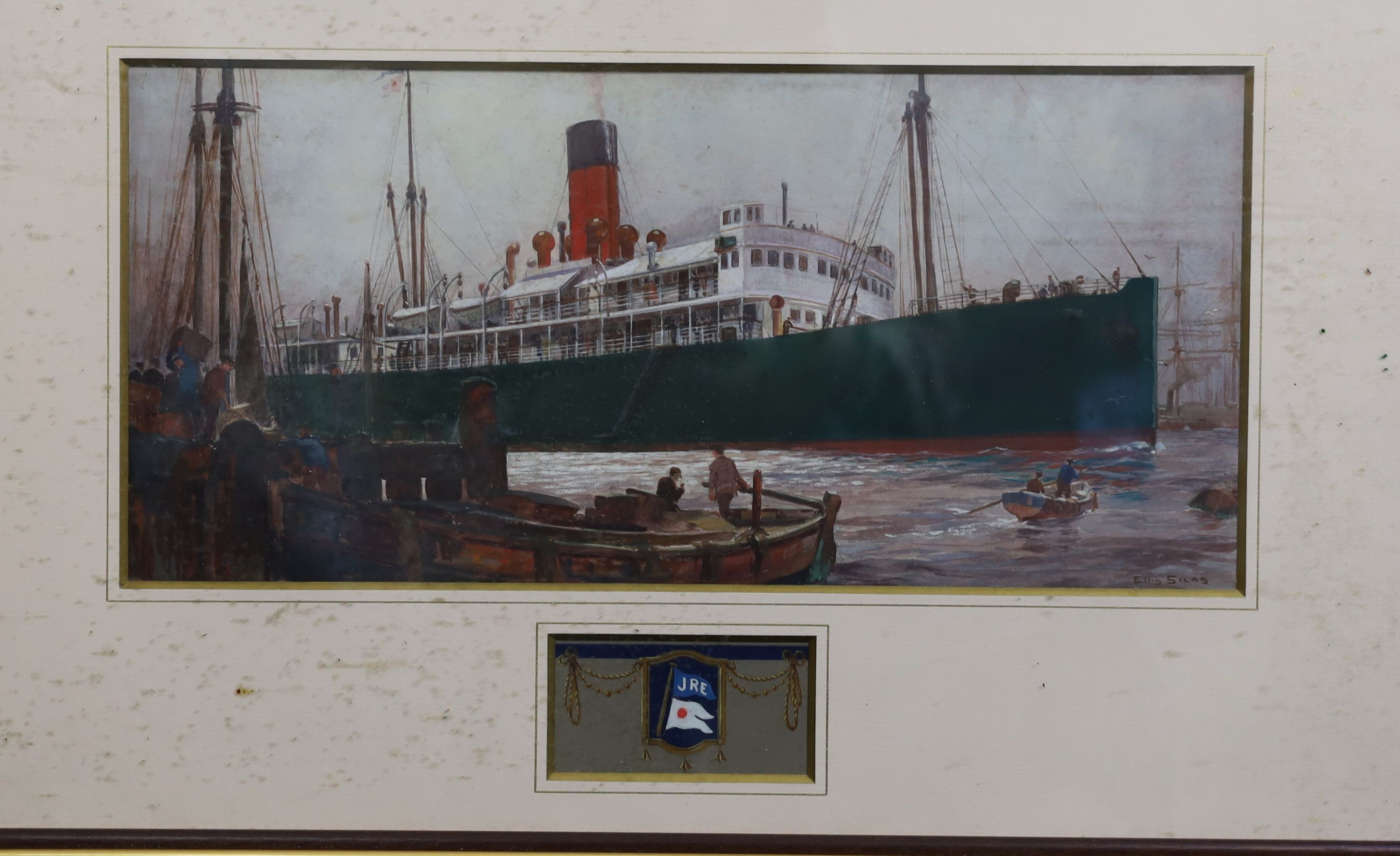 Ellis Silas (1885-1972), Liner entering harbour with remarque sketch of a coat of arms initialled JRE, gouache and watercolour, 23 x 49cm